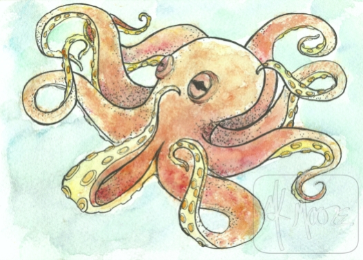 Octopus Adrift - watercolor and pen 5x7